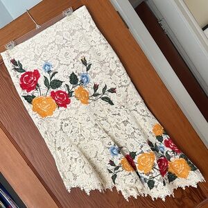 Anthropologie Cream Lace Skirt with Red and Orange Floral Embroidery